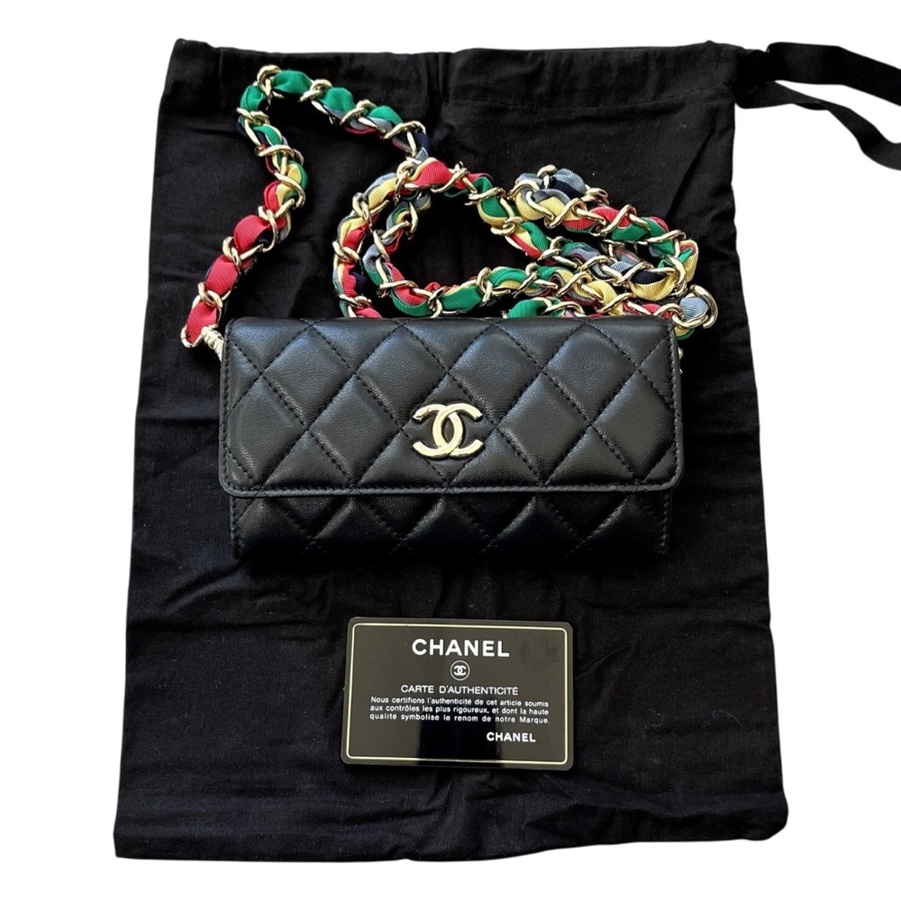 CHANEL Black Quilted Leather Clutch with Multicolor Chain Strap